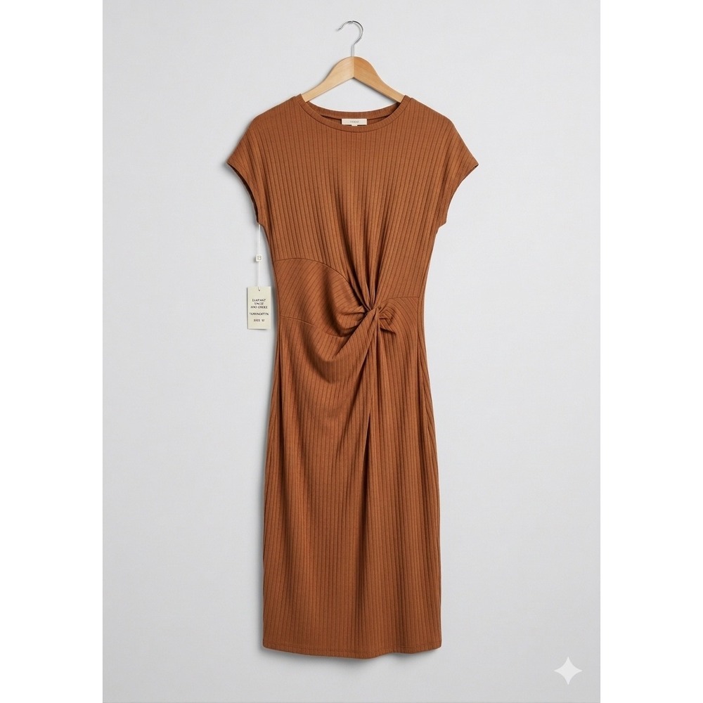 Devotion by Cyrus Ribbed Knot Front Midi Dress Biscuit Brown Size M DK762403 NEW
